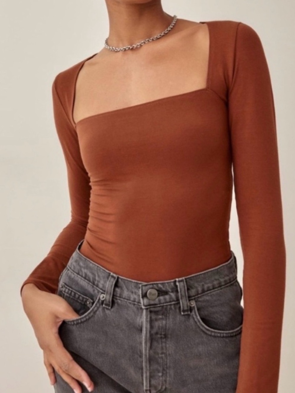 Reformation Knit Walter Top in the color ‘Chestnut’ | Square neck long sleeve